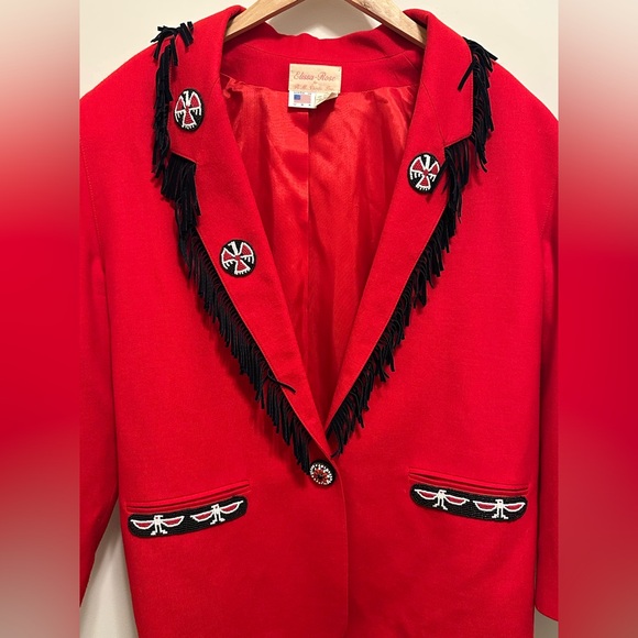 Vintage Elissa Rose Red Blazer Fringe Beaded Size 12 Native American Blazer USA - Picture 2 of 10